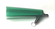 A green umbrella with a key chain attached.