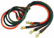 A pair of black and red leashes with gold clasps.