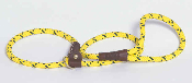 A yellow rope with brown leather handle and wooden clip.