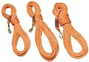A set of three orange ropes with brass hooks.