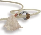 A white cord with some beads and a flower