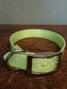A lime green collar on top of a wooden table.
