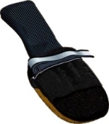 A black tennis shoe with a white stripe on the side.