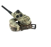 A camouflage radio with a strap on the side.