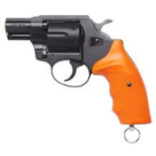 A gun with an orange handle and black barrel.