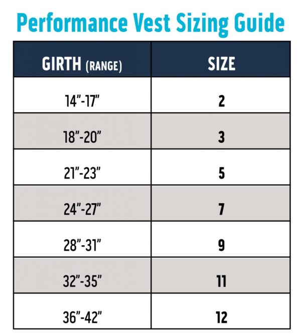 A chart showing the size of each vest.