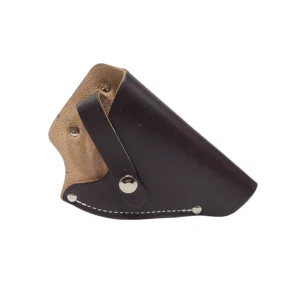 A black leather holster with a metal button.
