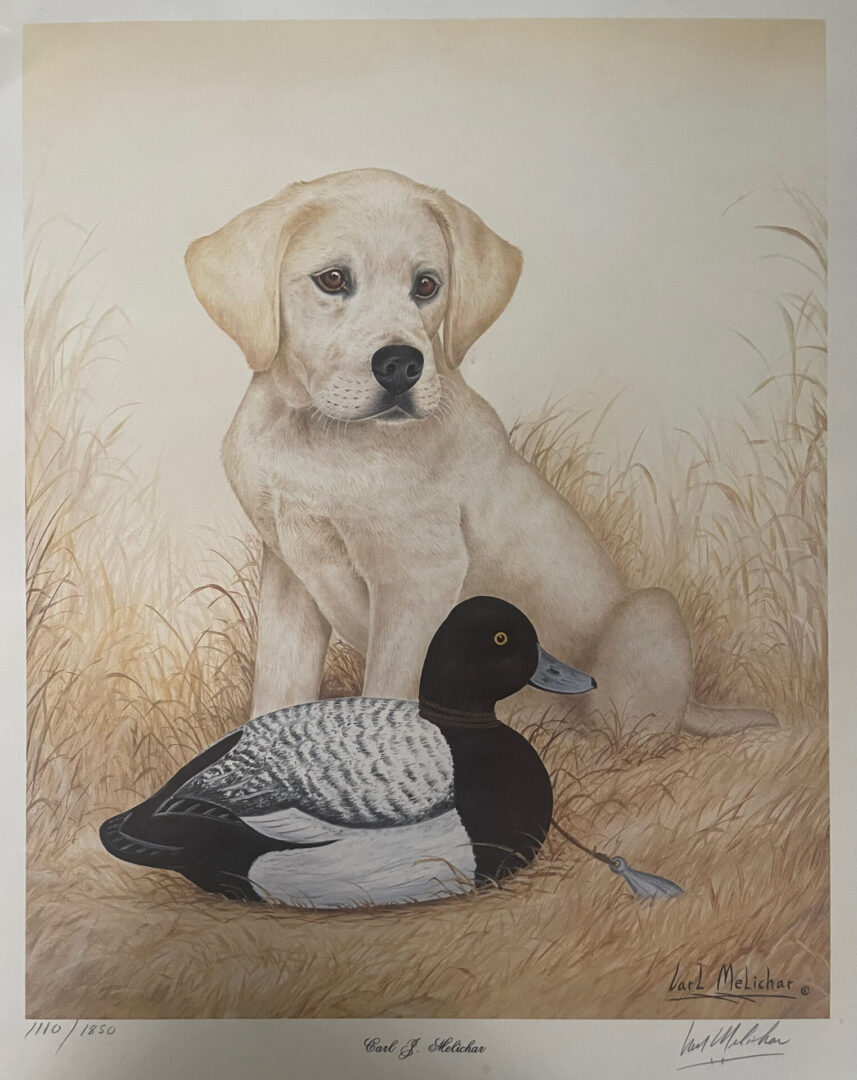 A painting of a dog and duck