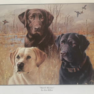 A painting of three dogs in the grass.