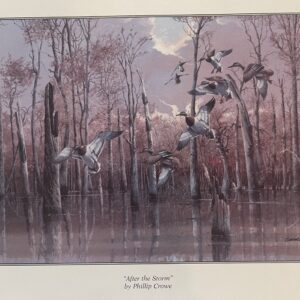 A painting of ducks flying over trees in the water.