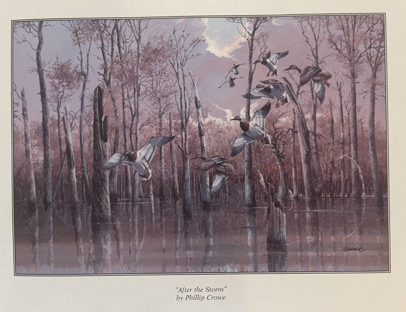A painting of ducks flying over trees in the water.