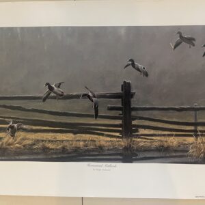 A painting of birds flying over a fence.