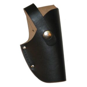 A black leather holster with brass button.
