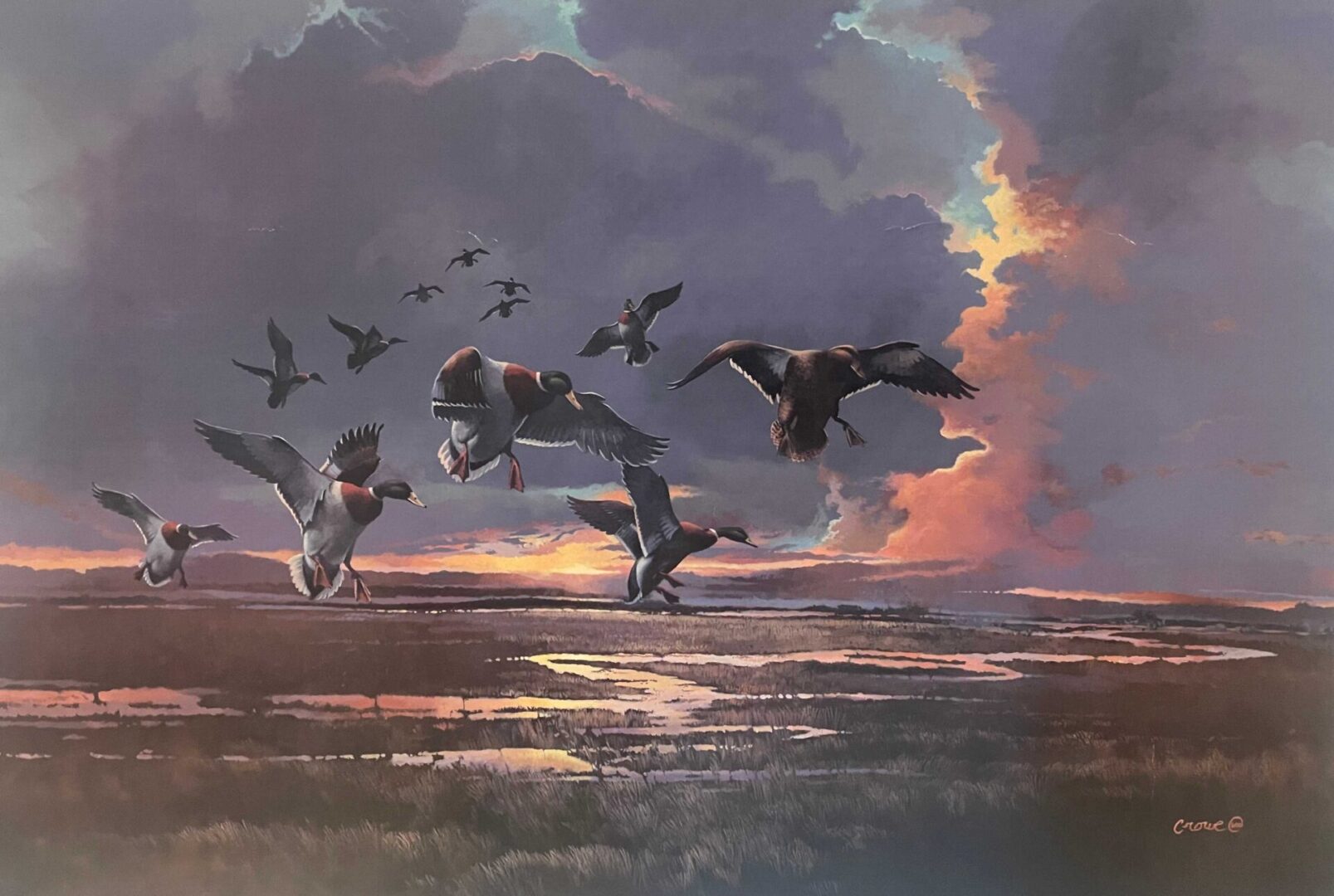 A painting of birds flying in the sky