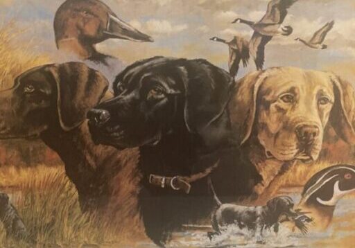A painting of ducks and dogs in the water.